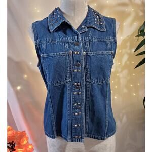 Eddie Bauer Vintage Studded Denim Jean Vest Women's M Petite 80s 90s Metal Biker